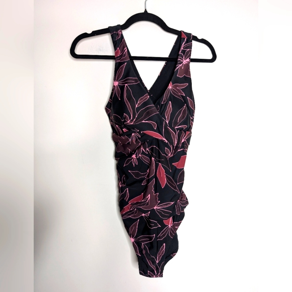 Eddie Bauer Ruched Shaping Black and Pink Floral Swimsuit Medium